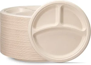Comfy Package [10 Inch - 125 Count Heavy-Duty 100% Compostable Plates, 3 Compartment Eco-Friendly, Kraft Disposable Sugarcane Paper Plates - Brown Unbleached