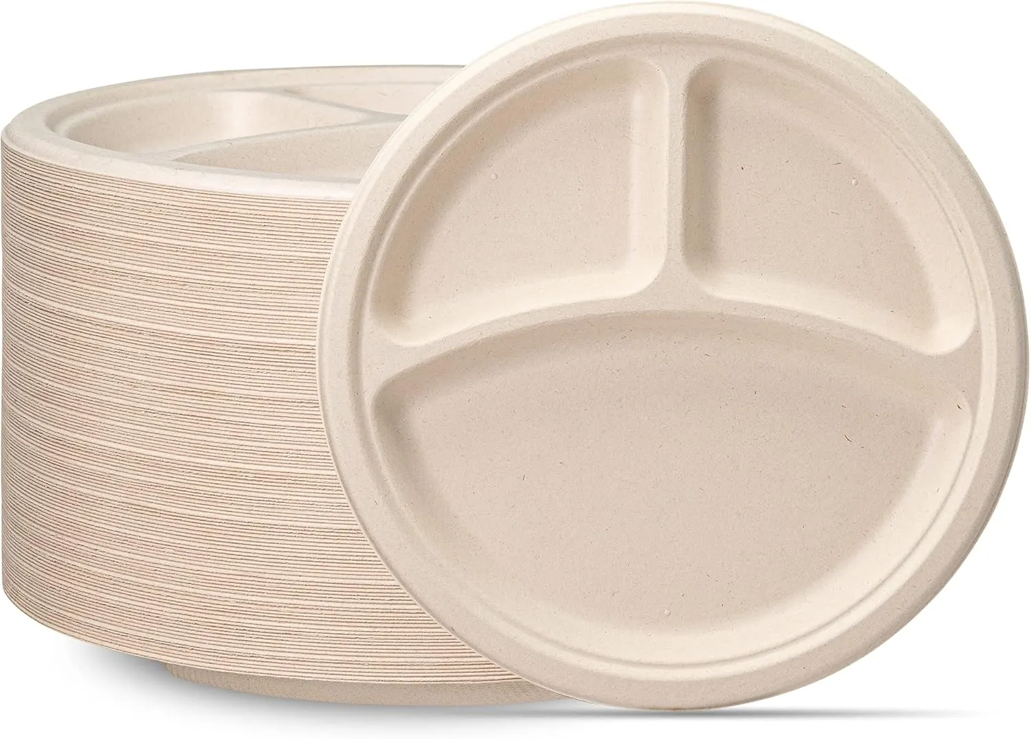 Comfy Package [10 Inch - 125 Count Heavy-Duty 100% Compostable Plates, 3 Compartment Eco-Friendly, Kraft Disposable Sugarcane Paper Plates - Brown Unbleached