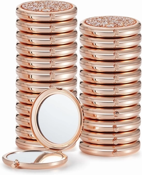 Compact Mirror for Purse, Pack of 24 Double-Sided 1X/2X Magnifying Round Metal Pocket Makeup Mirrors(Rose Gold, Mix Diamond)