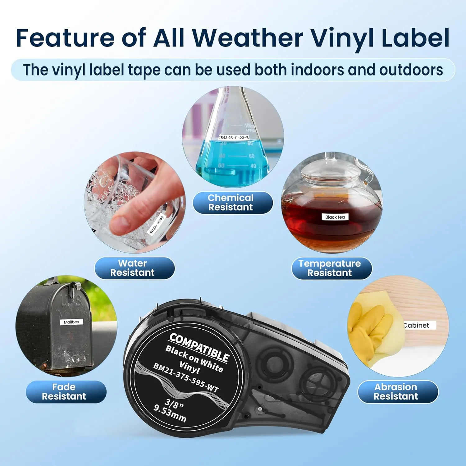 Compatible Label Tape Replacement for M21-375-595-WT All-Weather Vinyl Labels Tape for Indoor/Outdoor ID, Lab and Equipment Labeling, Black on White, .375" 21' L, 4 Pack