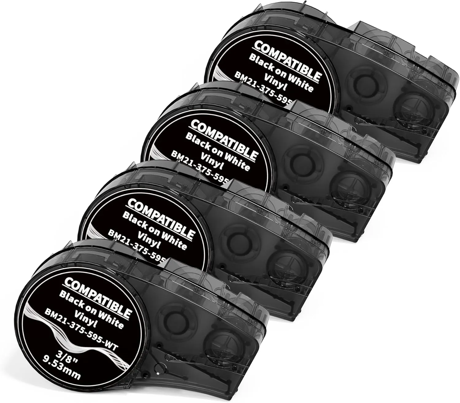 Compatible Label Tape Replacement for M21-375-595-WT All-Weather Vinyl Labels Tape for Indoor/Outdoor ID, Lab and Equipment Labeling, Black on White, .375" 21' L, 4 Pack