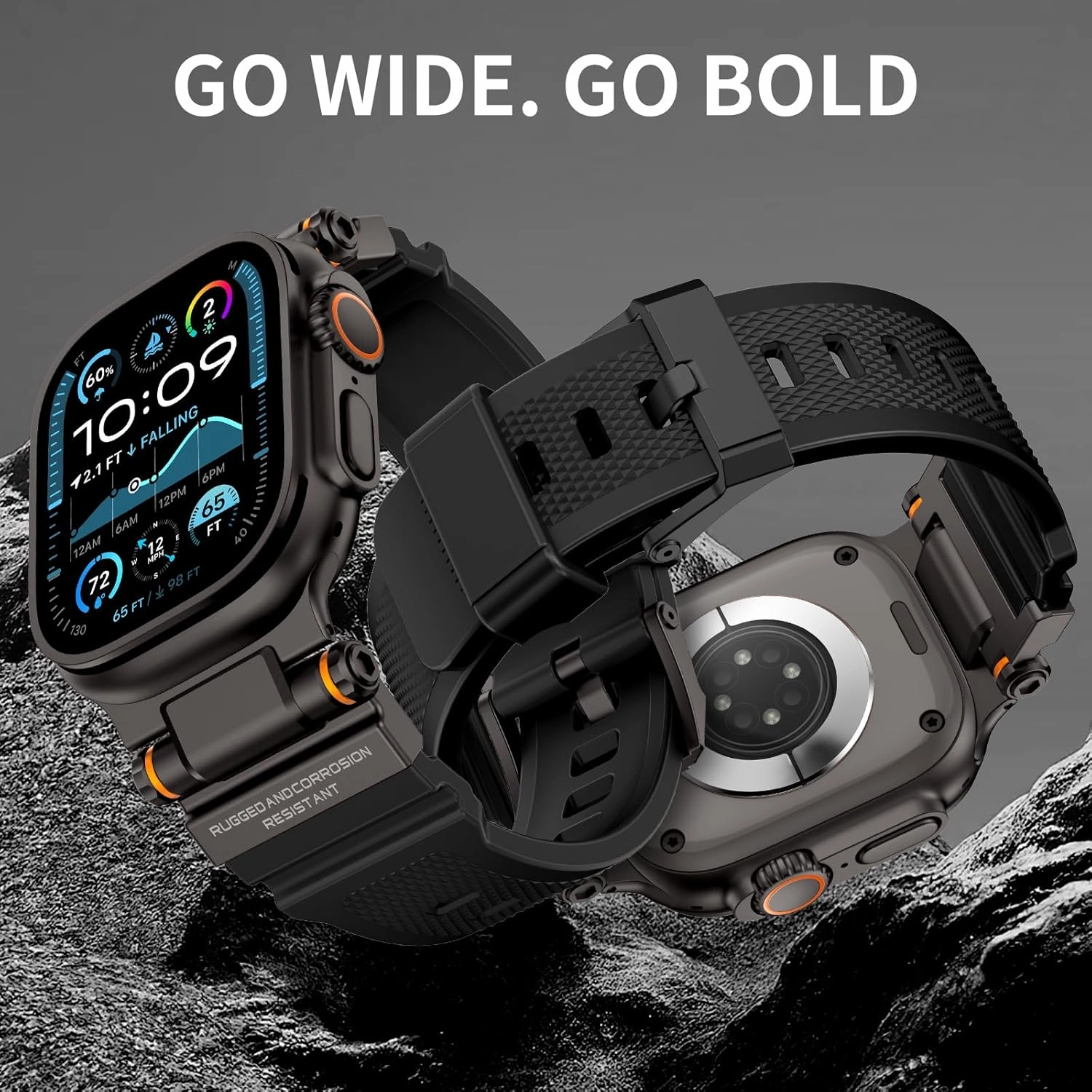 Compatible with Apple Watch Ultra 2/1 Band 49mm/46mm/45mm/44mm/42mm for Men, Metal Connector with Silicone Sport Band for iWatch Ultra Series 10/9/8/7/6/SE/5/4/3/2/1, Black/Black