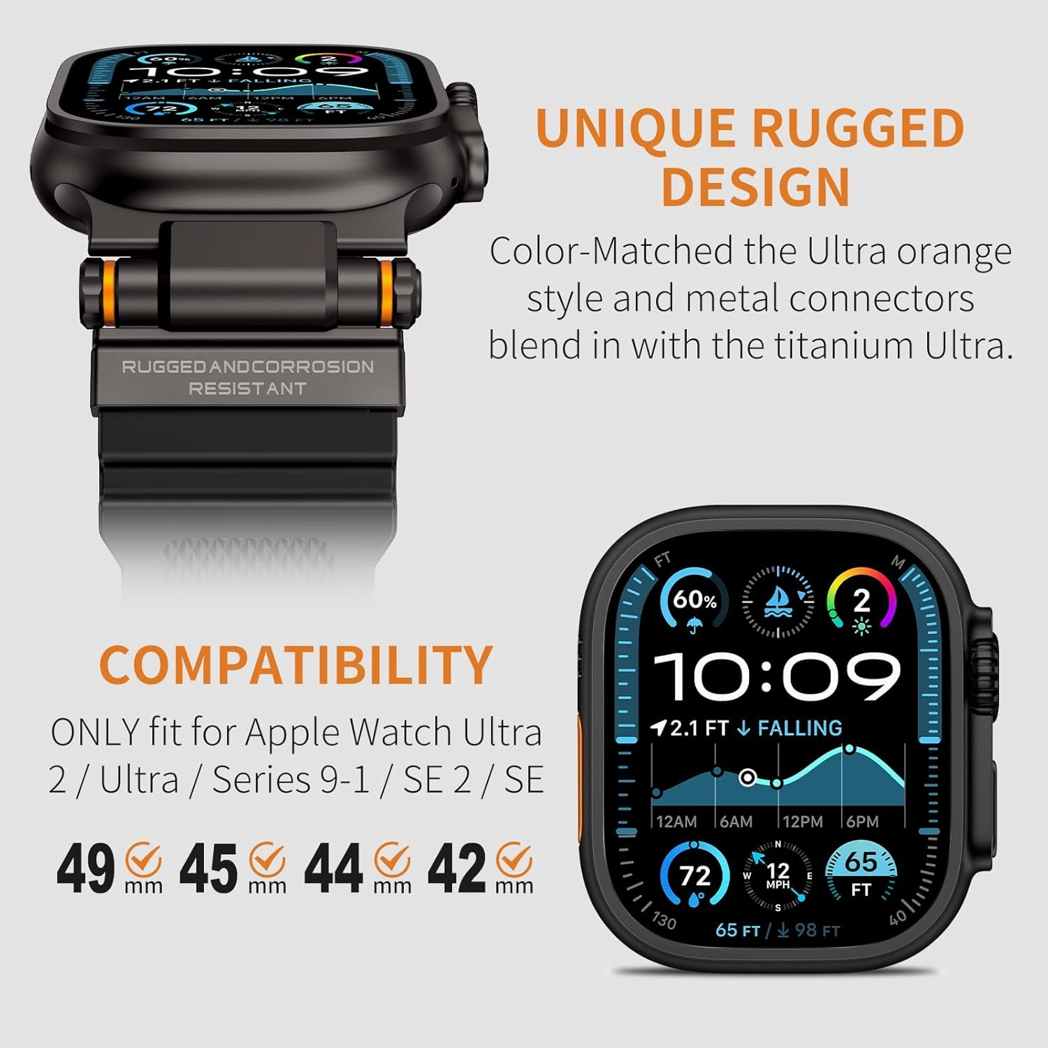 Compatible with Apple Watch Ultra 2/1 Band 49mm/46mm/45mm/44mm/42mm for Men, Metal Connector with Silicone Sport Band for iWatch Ultra Series 10/9/8/7/6/SE/5/4/3/2/1, Black/Black