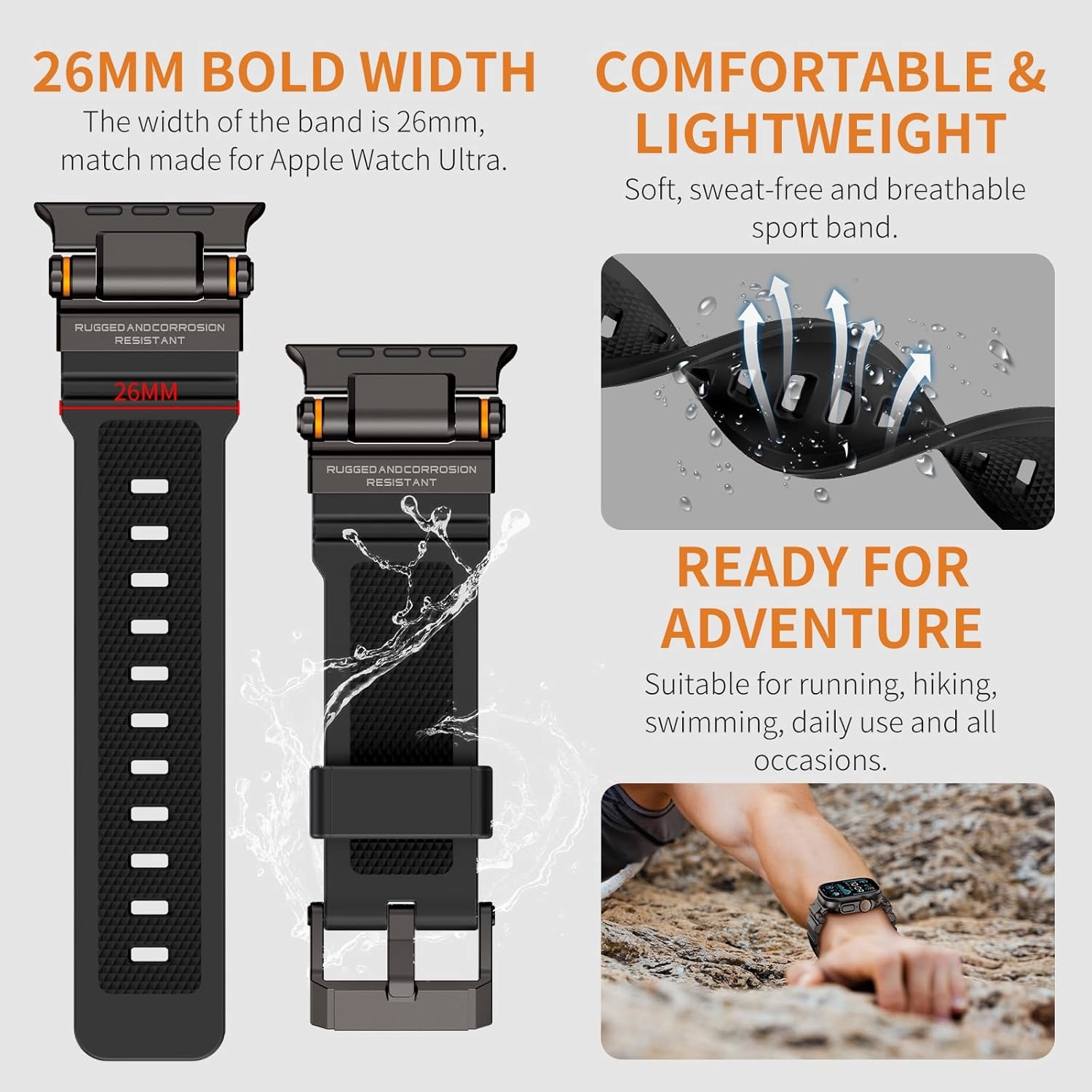 Compatible with Apple Watch Ultra 2/1 Band 49mm/46mm/45mm/44mm/42mm for Men, Metal Connector with Silicone Sport Band for iWatch Ultra Series 10/9/8/7/6/SE/5/4/3/2/1, Black/Black