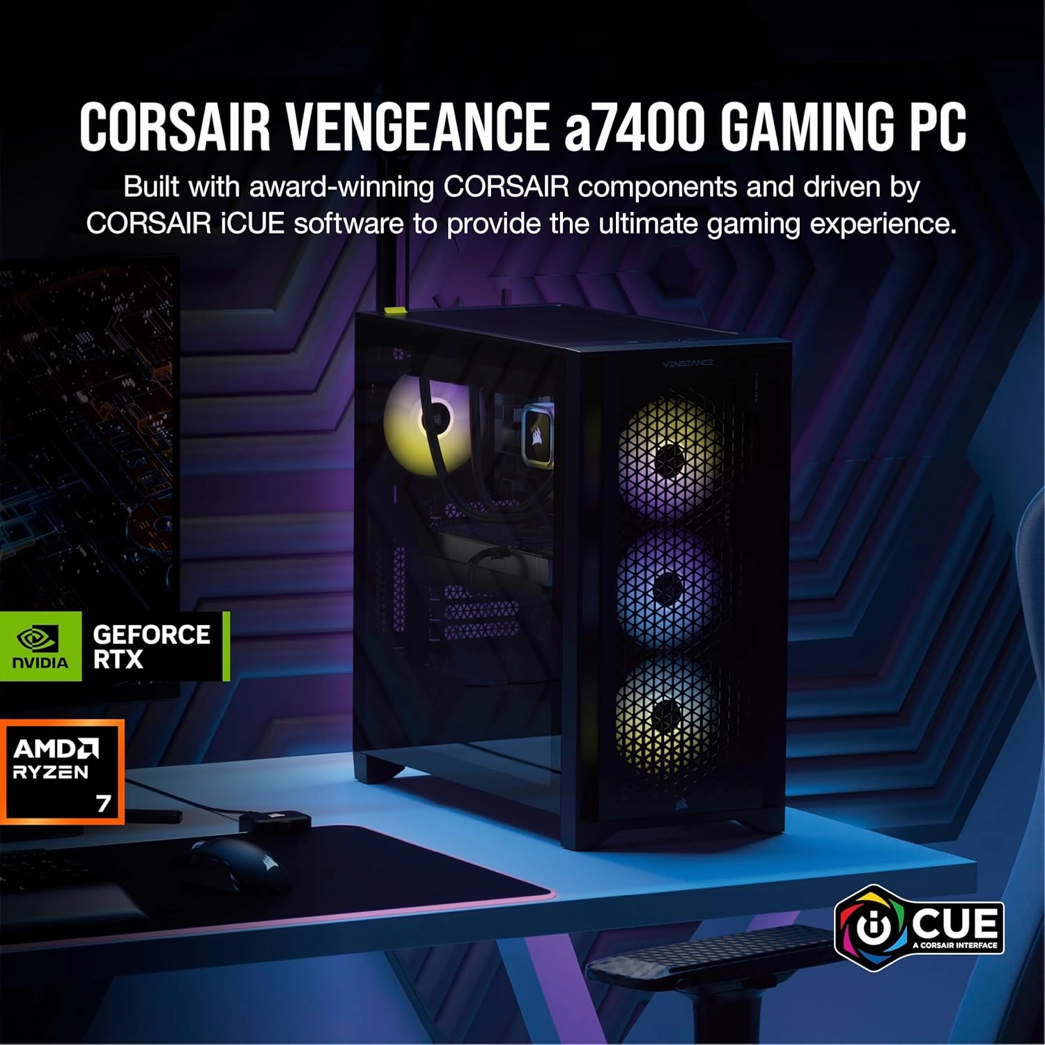 Corsair Vengeance a7400 Series Gaming PC – Liquid Cooled AMD Ryzen 7 9700X CPU – NVIDIA GeForce RTX 4070 Super GPU – 32GB Vengeance RGB DDR5 Memory – 1TB M.2 SSD – Black