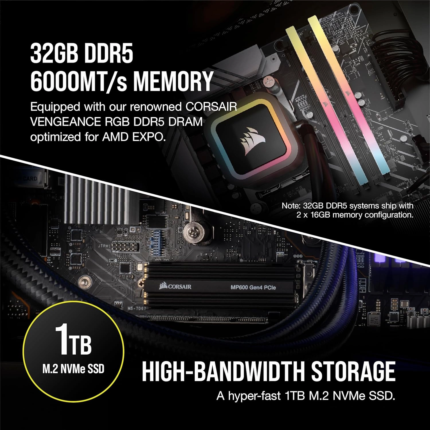 Corsair Vengeance a7400 Series Gaming PC – Liquid Cooled AMD Ryzen 7 9700X CPU – NVIDIA GeForce RTX 4070 Super GPU – 32GB Vengeance RGB DDR5 Memory – 1TB M.2 SSD – Black