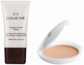Cosmetics Flawless Finish Primer, Transparent, 30 ml, with Radiant White UV Compact Powder, Sandy Nude, 9g