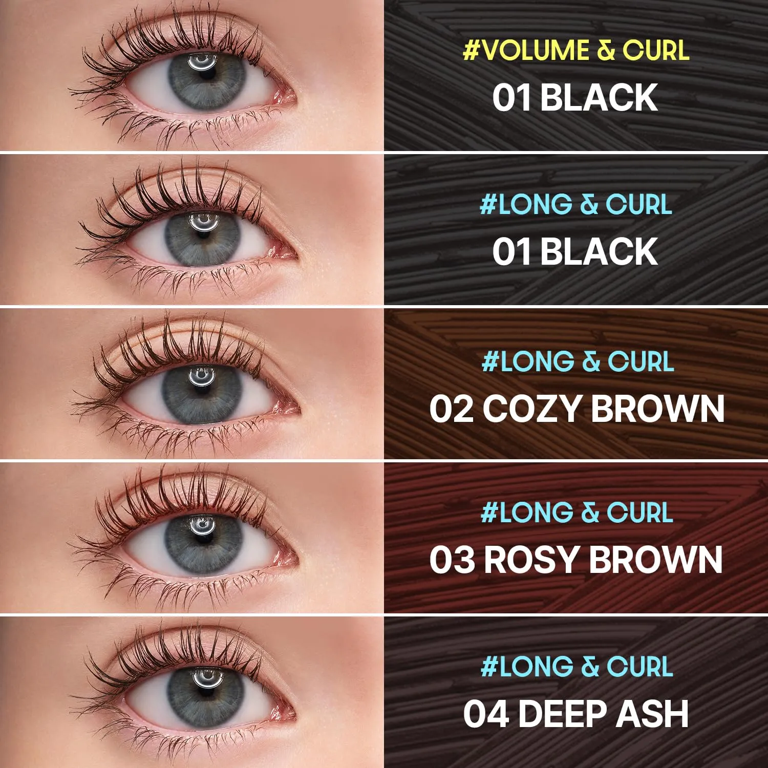 COSNORI Perfect Setting Waterproof Mascara Long&Curl 02 Cozy Brown – Long Lasting Smudge - Brown Mascara - Soft Definition for Blue & Green Eyes - K Beauty - 0.23fl oz (7ml)