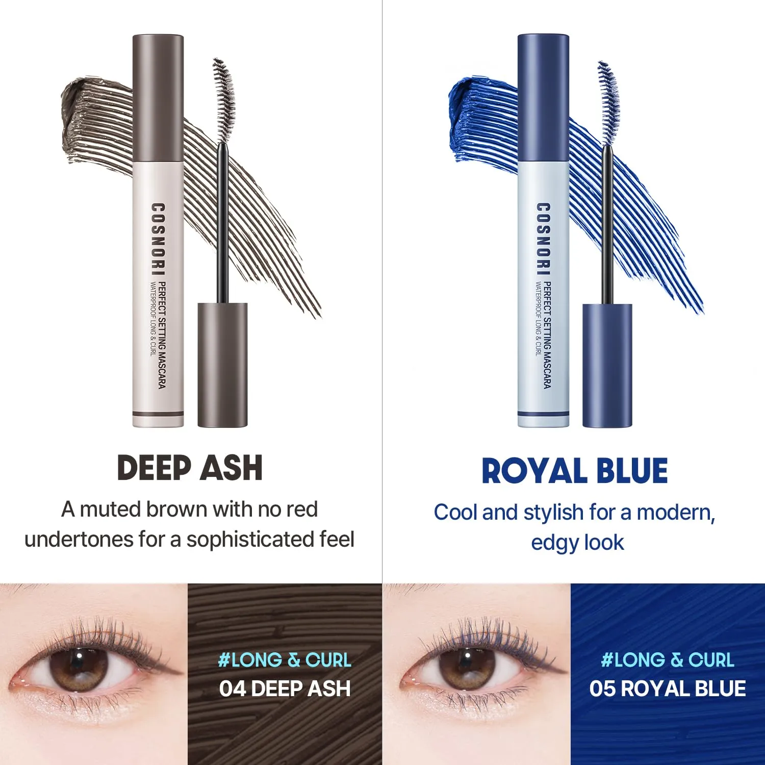 COSNORI Perfect Setting Waterproof Mascara Long&Curl 02 Cozy Brown – Long Lasting Smudge - Brown Mascara - Soft Definition for Blue & Green Eyes - K Beauty - 0.23fl oz (7ml)