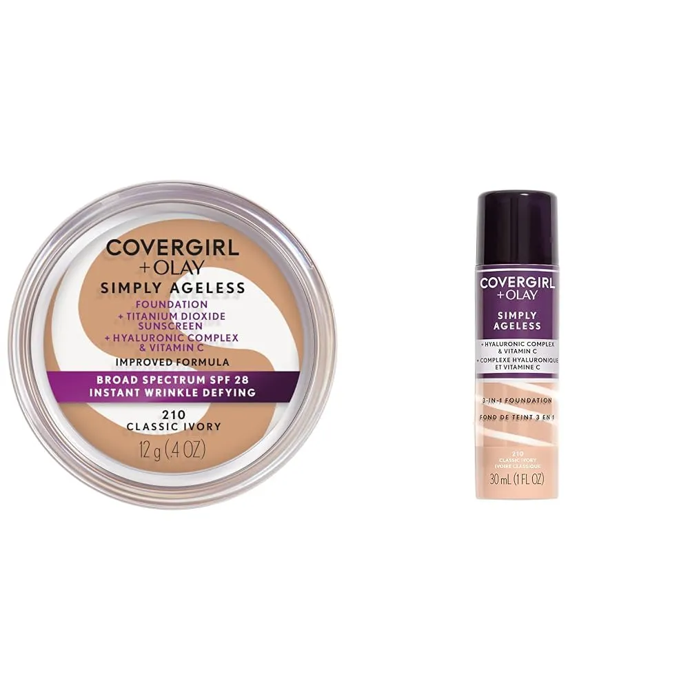 COVERGIRL OLAY Simply Ageless Instant Wrinkle-Defying Foundation 210 Classic Ivory 0.44 Fl Oz & Simply Ageless 3-in-1 Liquid Foundation Classic Ivory