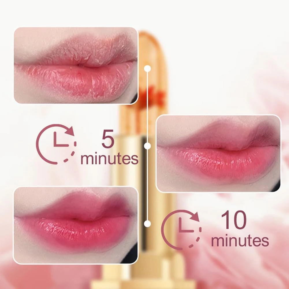 Crystal Flower Thermostatic Color Changing Jelly Lipstick, Long Lasting Transferproof Color Changing Lipstick, Women Moisturizing Glossy Shine Lip Gloss(Red petals)