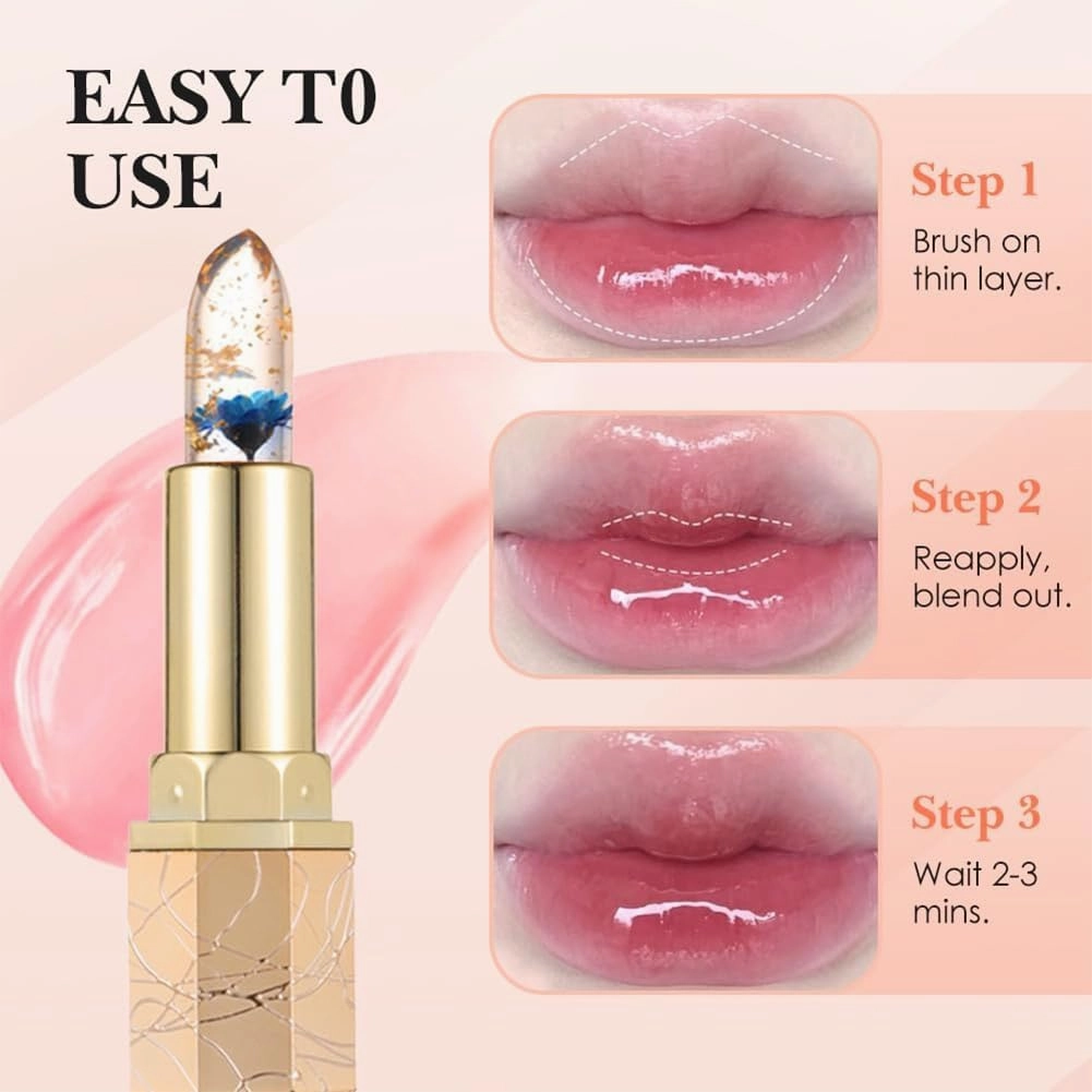 Crystal Flower Thermostatic Color Changing Jelly Lipstick, Long Lasting Transferproof Color Changing Lipstick, Women Moisturizing Glossy Shine Lip Gloss(Red petals)