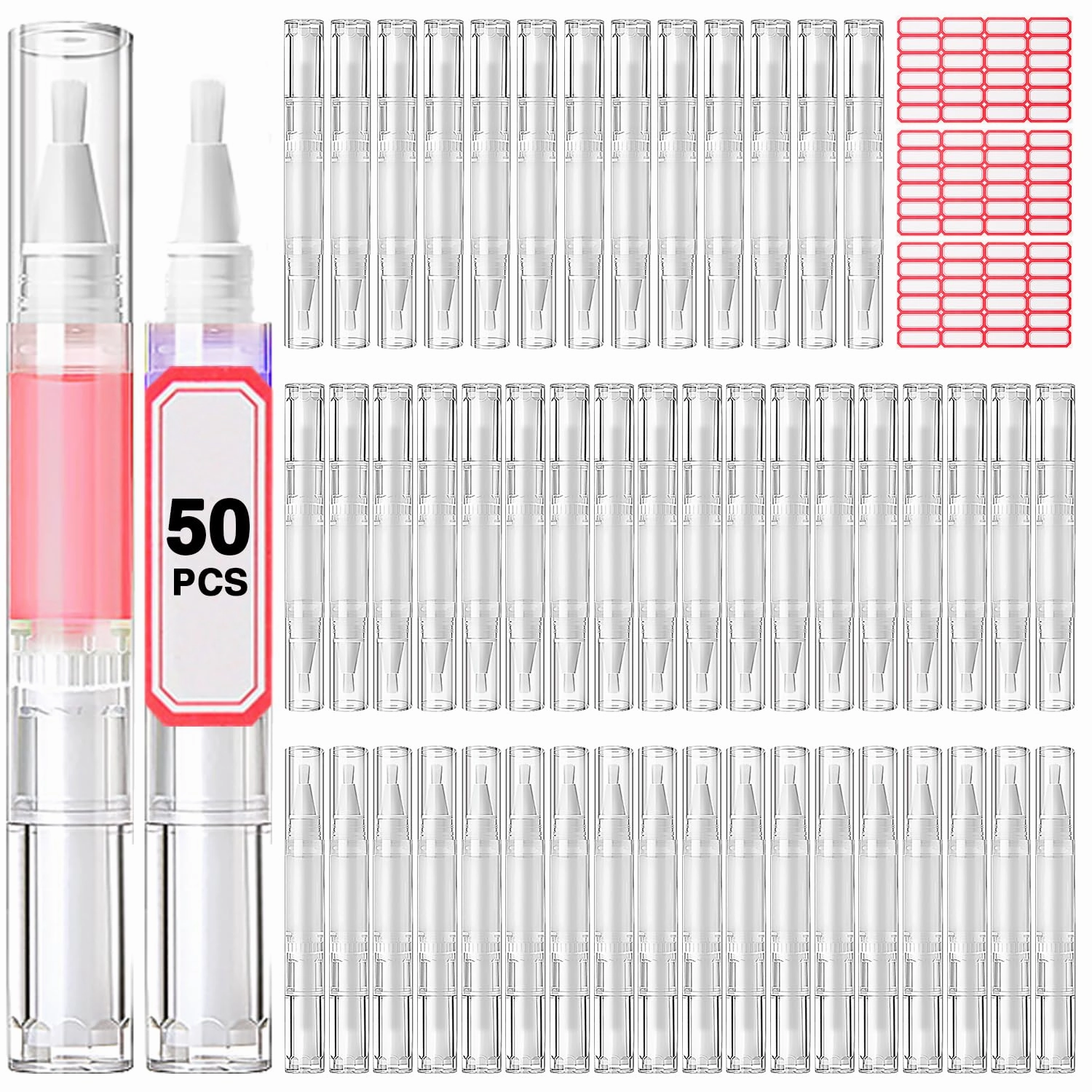 Cuticle Oil Pen 50Pcs 5ml Empty Nail Oil Pen Transparent Twist Pens with Brush Tip for Nail Oil, Eyelash Growth Liquid Tube, Cosmetic Lip Gloss Container Applicators   72pcs Label