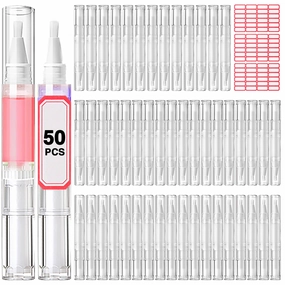 Cuticle Oil Pen 50Pcs 5ml Empty Nail Oil Pen Transparent Twist Pens with Brush Tip for Nail Oil, Eyelash Growth Liquid Tube, Cosmetic Lip Gloss Container Applicators   72pcs Label