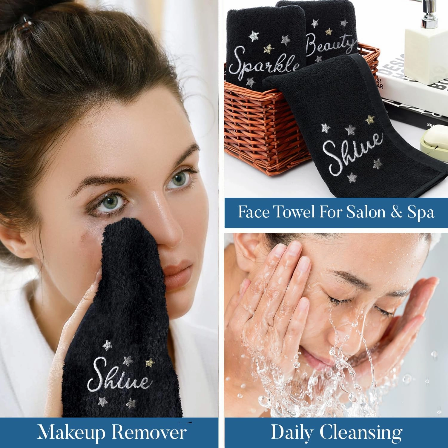 DAN RIVER Makeup Towel 100% Spun Cotton - (Pack of 6) Luxuriously Soft Reusable Makeup Remover Cloth, Facial Cleansing Cloth, of 6 13x13 Inch, Black Towels – Spark & Shine