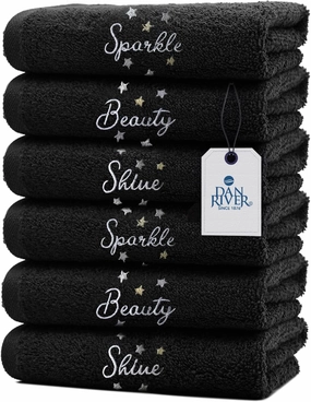 DAN RIVER Makeup Towel 100% Spun Cotton - (Pack of 6) Luxuriously Soft Reusable Makeup Remover Cloth, Facial Cleansing Cloth, of 6 13x13 Inch, Black Towels – Spark & Shine