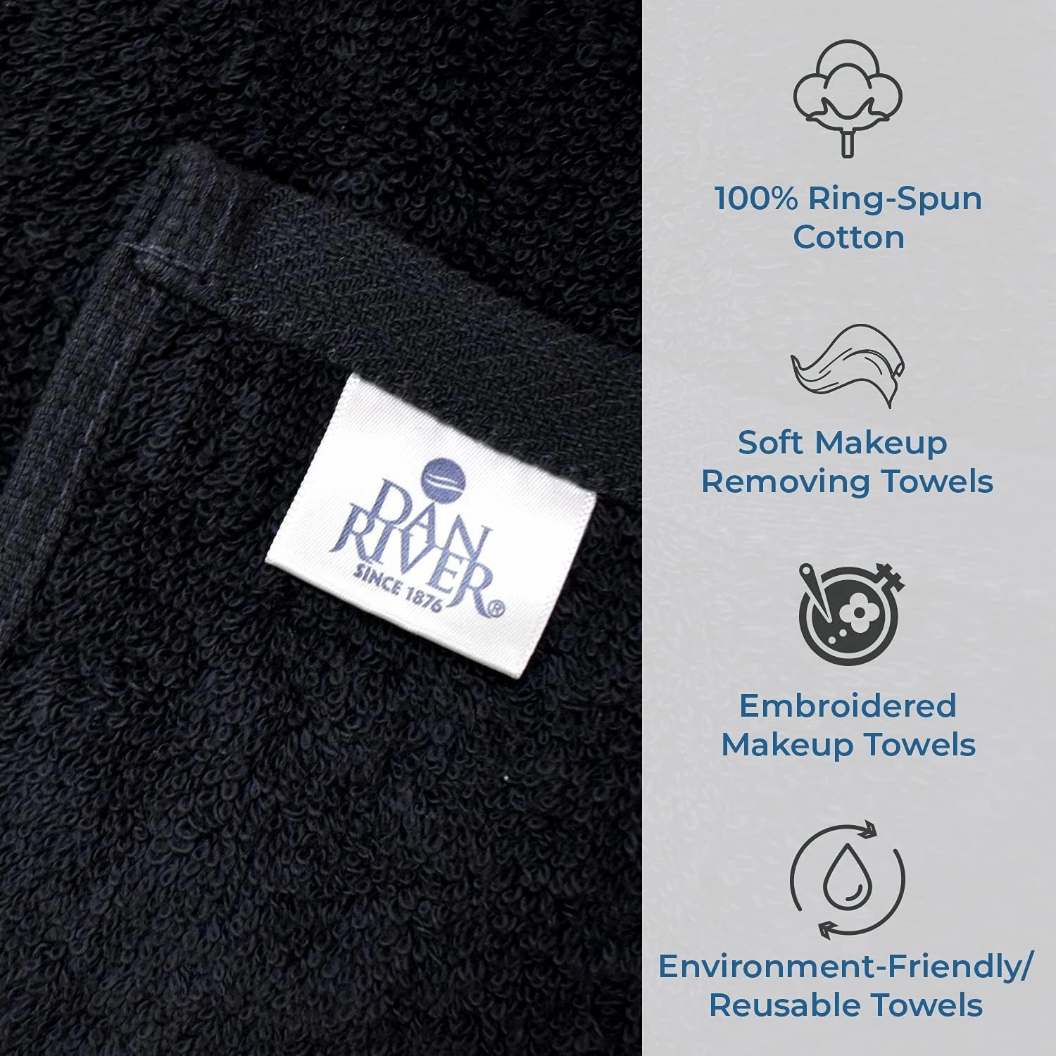 DAN RIVER Makeup Towel 100% Spun Cotton - (Pack of 6) Luxuriously Soft Reusable Makeup Remover Cloth, Facial Cleansing Cloth, of 6 13x13 Inch, Black Towels – Spark & Shine