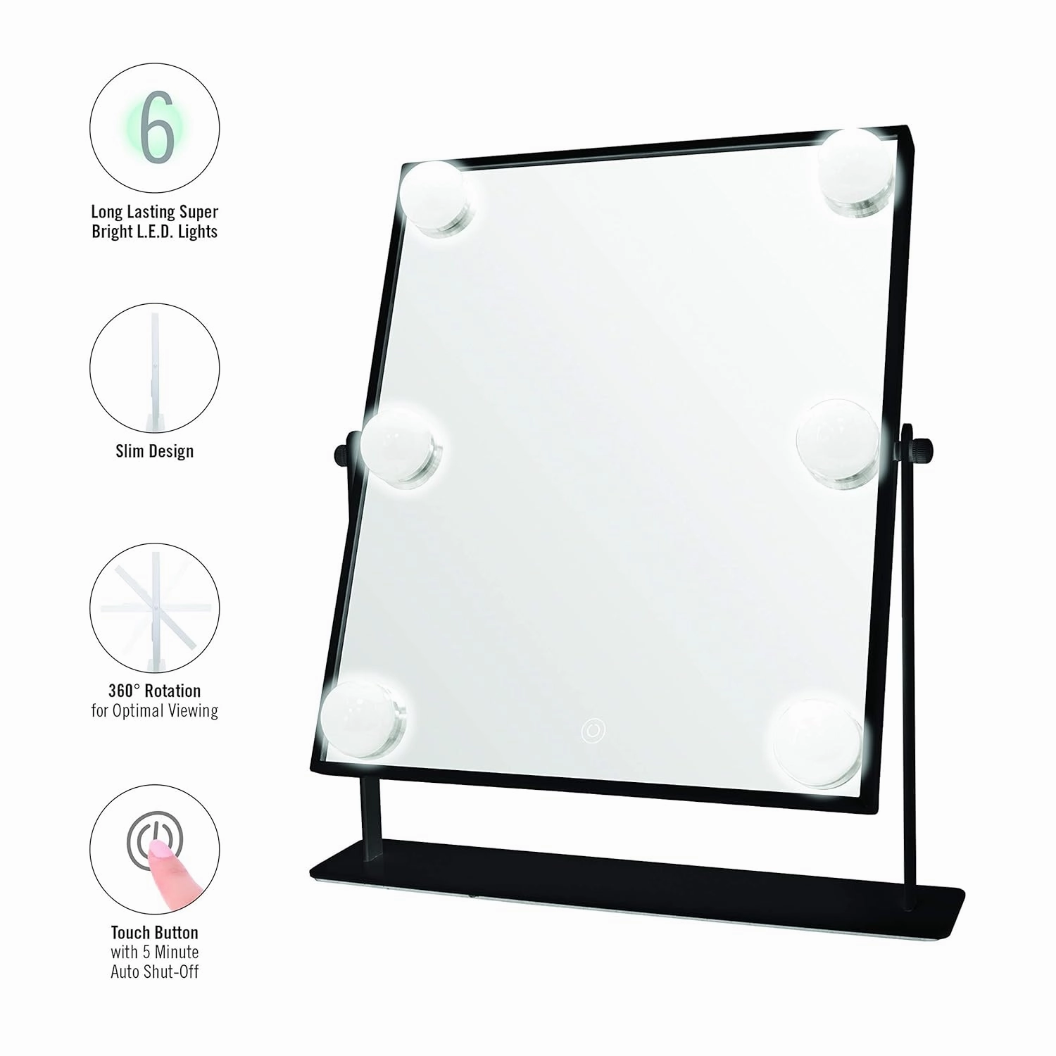 Danielle LED Hollywood Mirror- 6 Super Bright LEDs, Black