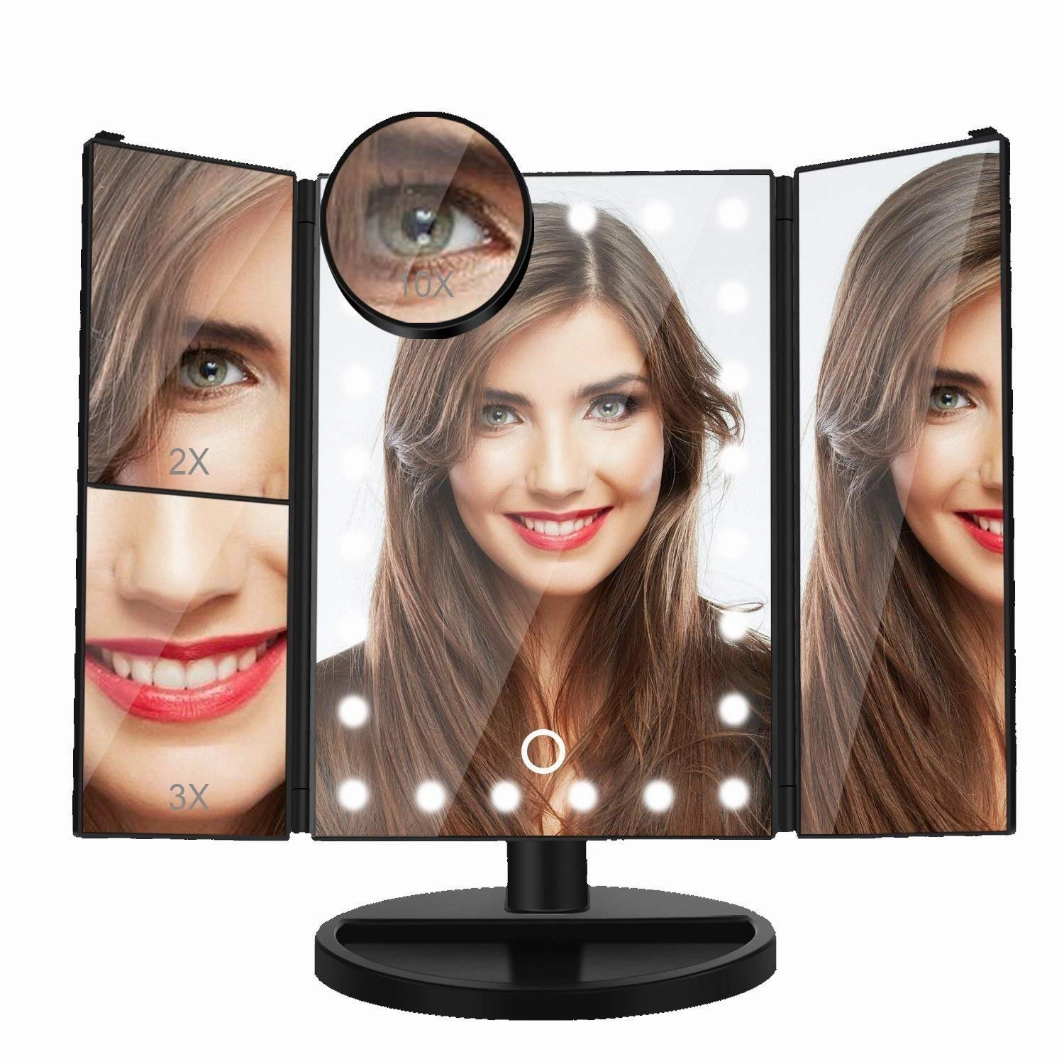 Dash Lighted Makeup Mirror with 10X/3X/2X/1X Magnification, Tri-Fold Vanity Mirror with 22 LED Lights, 180° Free Rotation & Touch Seneor Control, Countertop Bathroom Cosmetic Mirror Black