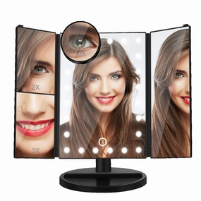 Dash Lighted Makeup Mirror with 10X/3X/2X/1X Magnification, Tri-Fold Vanity Mirror with 22 LED Lights, 180° Free Rotation & Touch Seneor Control, Countertop Bathroom Cosmetic Mirror Black