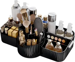 DASITON Large Makeup Brush Holder,Rotating Makeup Organizer,Vintage Striped Cosmetic Organizer,Makeup Storage Organizer for Bathroom Countertop,Dresser,Vanity(Black)