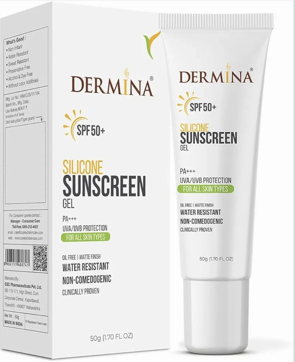 Der...mina SPF50 Silicone Sunscreen Gel PA    UVA/UVB Acne Prone Oil Free Matte Finish Water Resistant Non-Comodogenic All Skin Type Clinically Proven Sun Screen For Man and Women (50gm) Pack of 1.