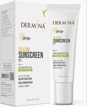 Der...mina SPF50 Silicone Sunscreen Gel PA    UVA/UVB Acne Prone Oil Free Matte Finish Water Resistant Non-Comodogenic All Skin Type Clinically Proven Sun Screen For Man and Women (50gm) Pack of 1.