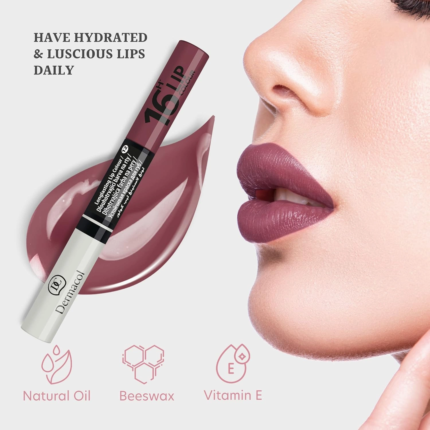 Dermacol - 16-Hour Lip Colour, Highly Pigmented Glossy Lip Stain, Two-Phase Lip Plumper Gloss, Kissproof Lip Makeup Products with Matte and Glitter Finish, No.12 Brown-Purple Lip Gloss, 7.1 mL