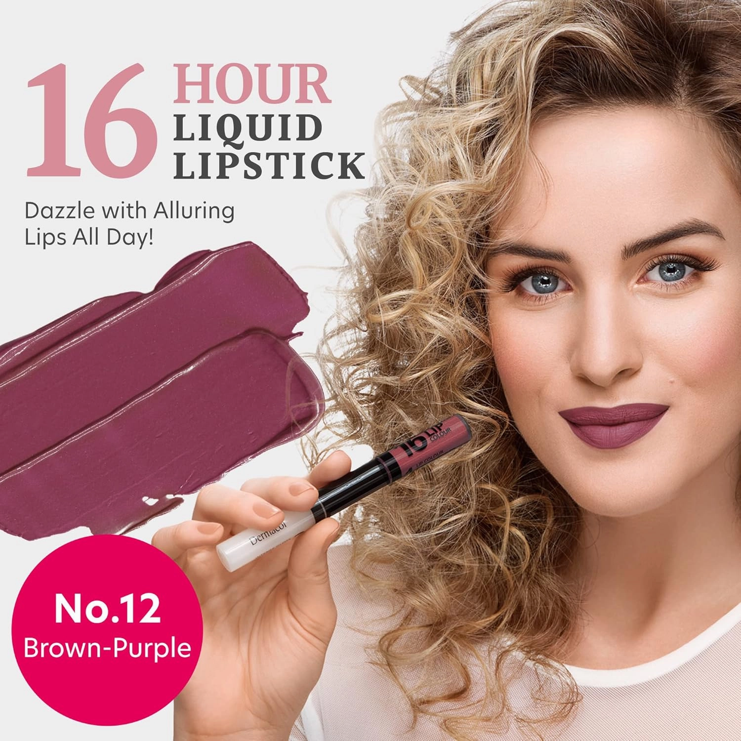 Dermacol - 16-Hour Lip Colour, Highly Pigmented Glossy Lip Stain, Two-Phase Lip Plumper Gloss, Kissproof Lip Makeup Products with Matte and Glitter Finish, No.12 Brown-Purple Lip Gloss, 7.1 mL