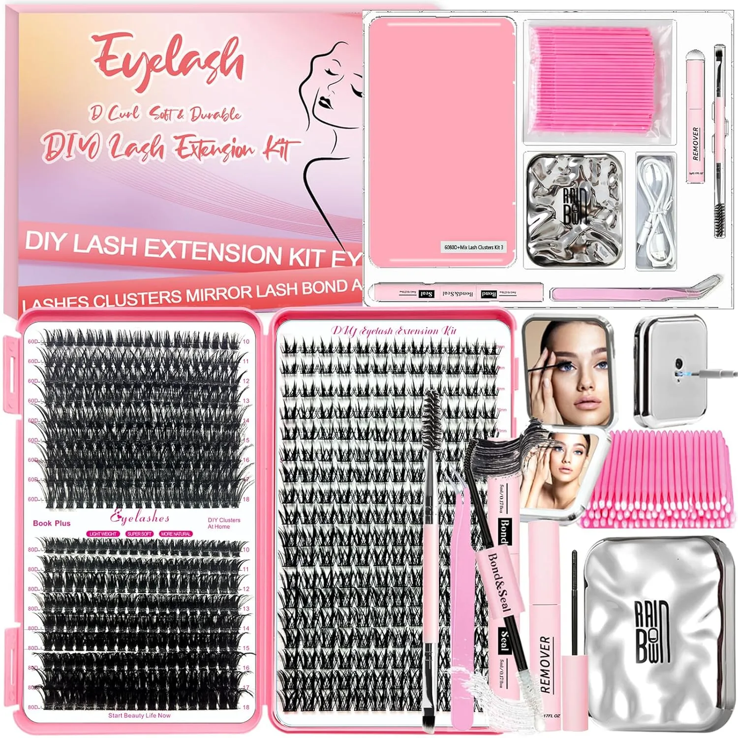 DIY Lash Extension Kit 567 Pcs Lashes Clusters with Wispy lashes,1X/2X Magnification Compact Mirror with Light,Lash Bond and Seal,Eyelash Remover Tweezers Applicator Mascara Brush