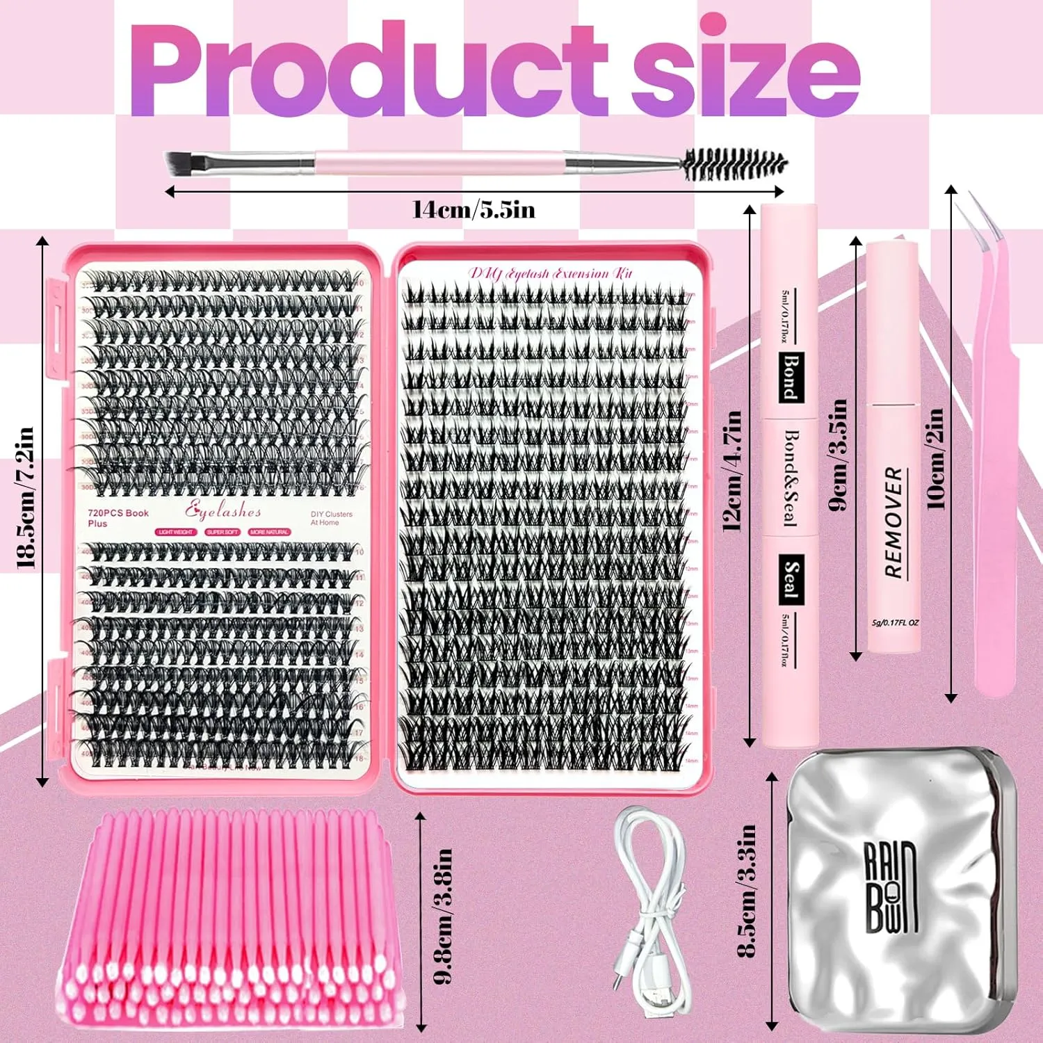 DIY Lash Extension Kit 567 Pcs Lashes Clusters with Wispy lashes,1X/2X Magnification Compact Mirror with Light,Lash Bond and Seal,Eyelash Remover Tweezers Applicator Mascara Brush