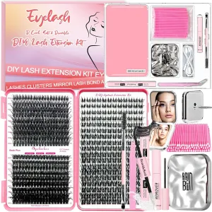 DIY Lash Extension Kit 567 Pcs Lashes Clusters with Wispy lashes,1X/2X Magnification Compact Mirror with Light,Lash Bond and Seal,Eyelash Remover Tweezers Applicator Mascara Brush