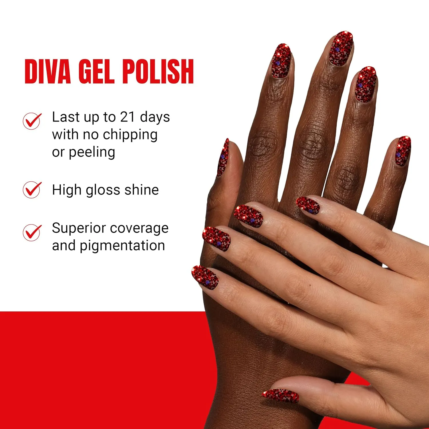 DND Gel Diva Polish Set, Mirrorball Collection, UV/LED Gel Polish and Air Dry Nail Lacquer, Matching Chip-Free Polish Duo, Red034 Sequin Lipstick, 0.5 Fl Oz Each