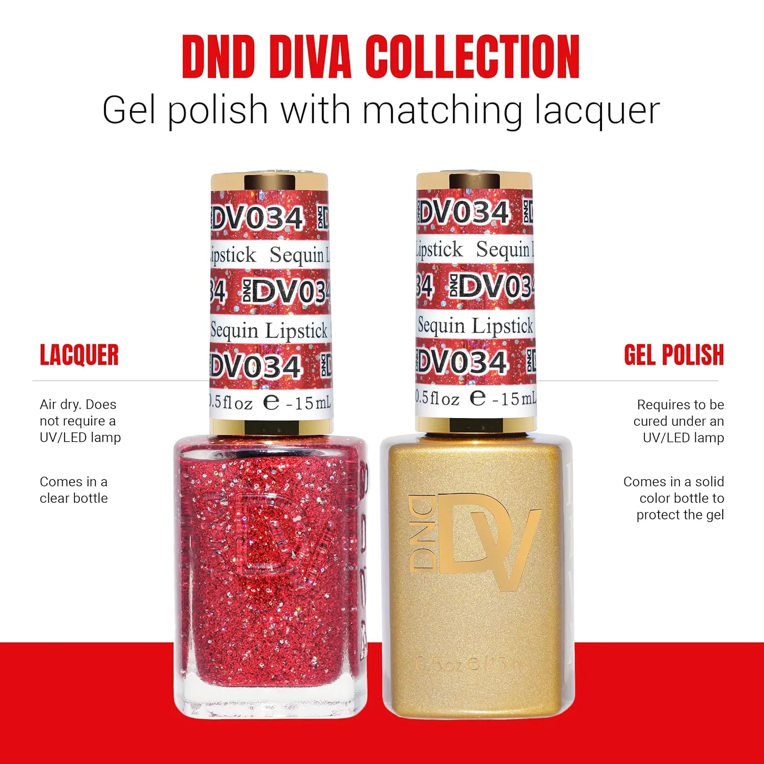 DND Gel Diva Polish Set, Mirrorball Collection, UV/LED Gel Polish and Air Dry Nail Lacquer, Matching Chip-Free Polish Duo, Red034 Sequin Lipstick, 0.5 Fl Oz Each