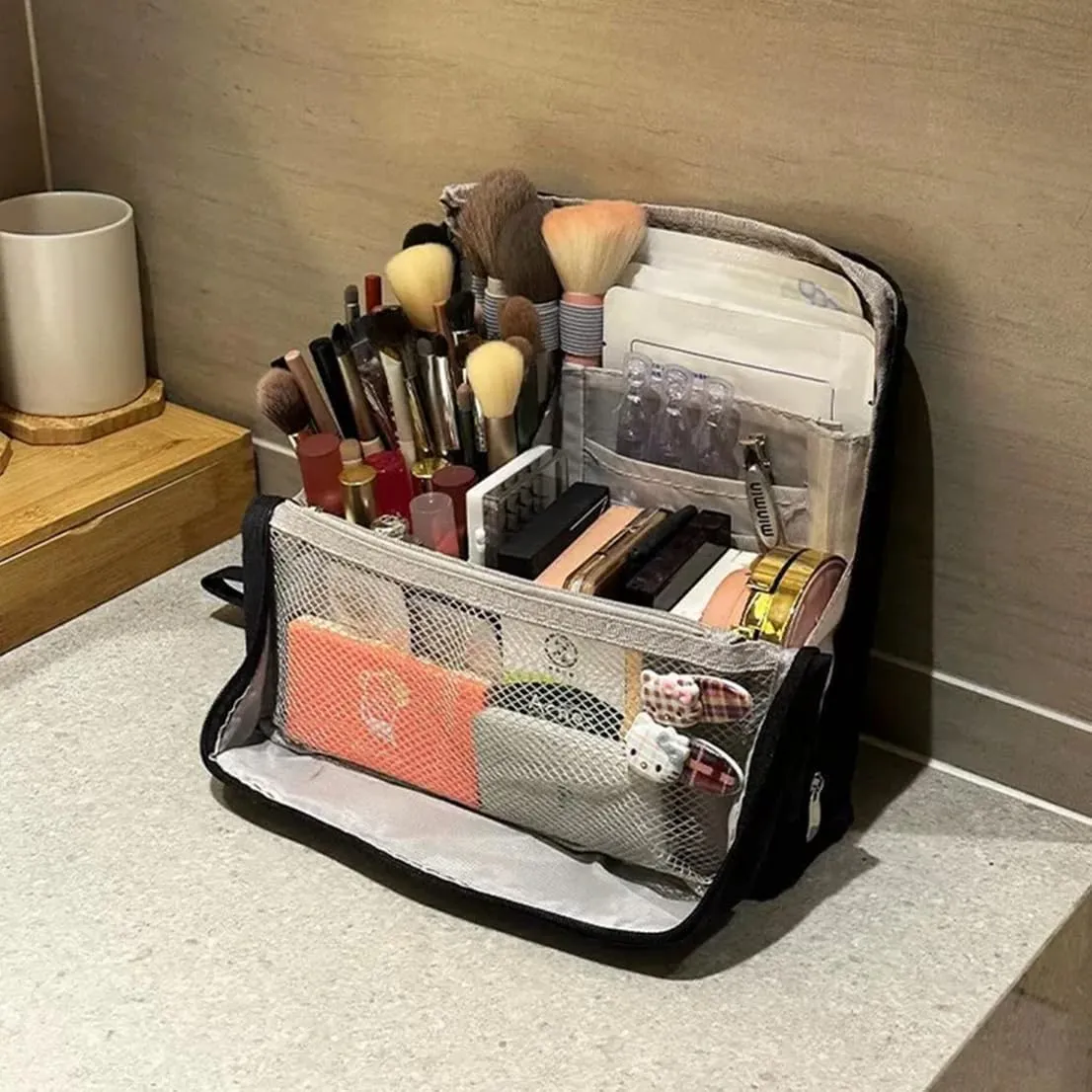 Doresty Makeup Bag, Standing Makeup Bag – Portable, Large Capacity, Multifunctional Travel Makeup Bag with 8 Compartments, Waterproof Cosmetic Toiletry Bags with Handle for Women (Purple)