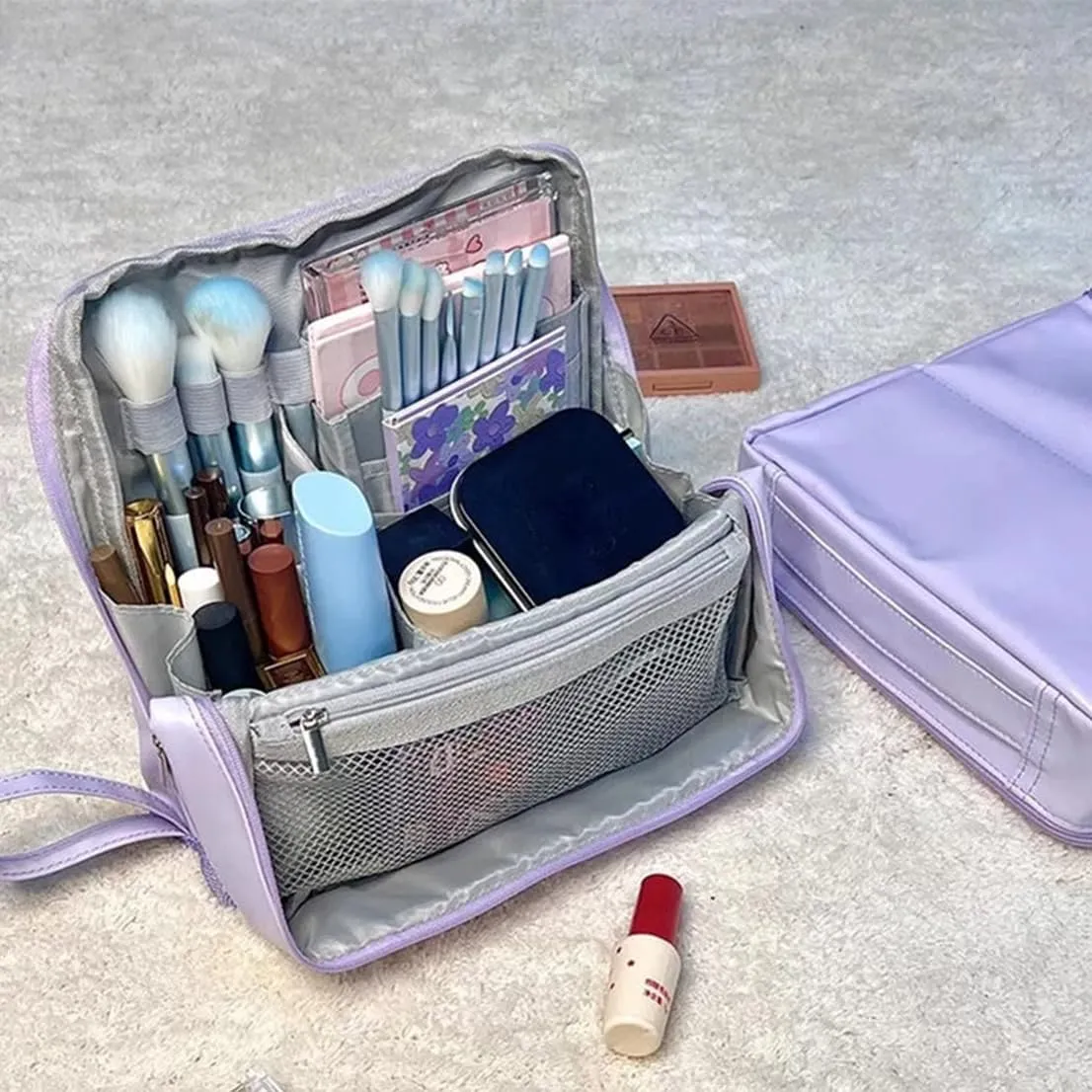 Doresty Makeup Bag, Standing Makeup Bag – Portable, Large Capacity, Multifunctional Travel Makeup Bag with 8 Compartments, Waterproof Cosmetic Toiletry Bags with Handle for Women (Purple)