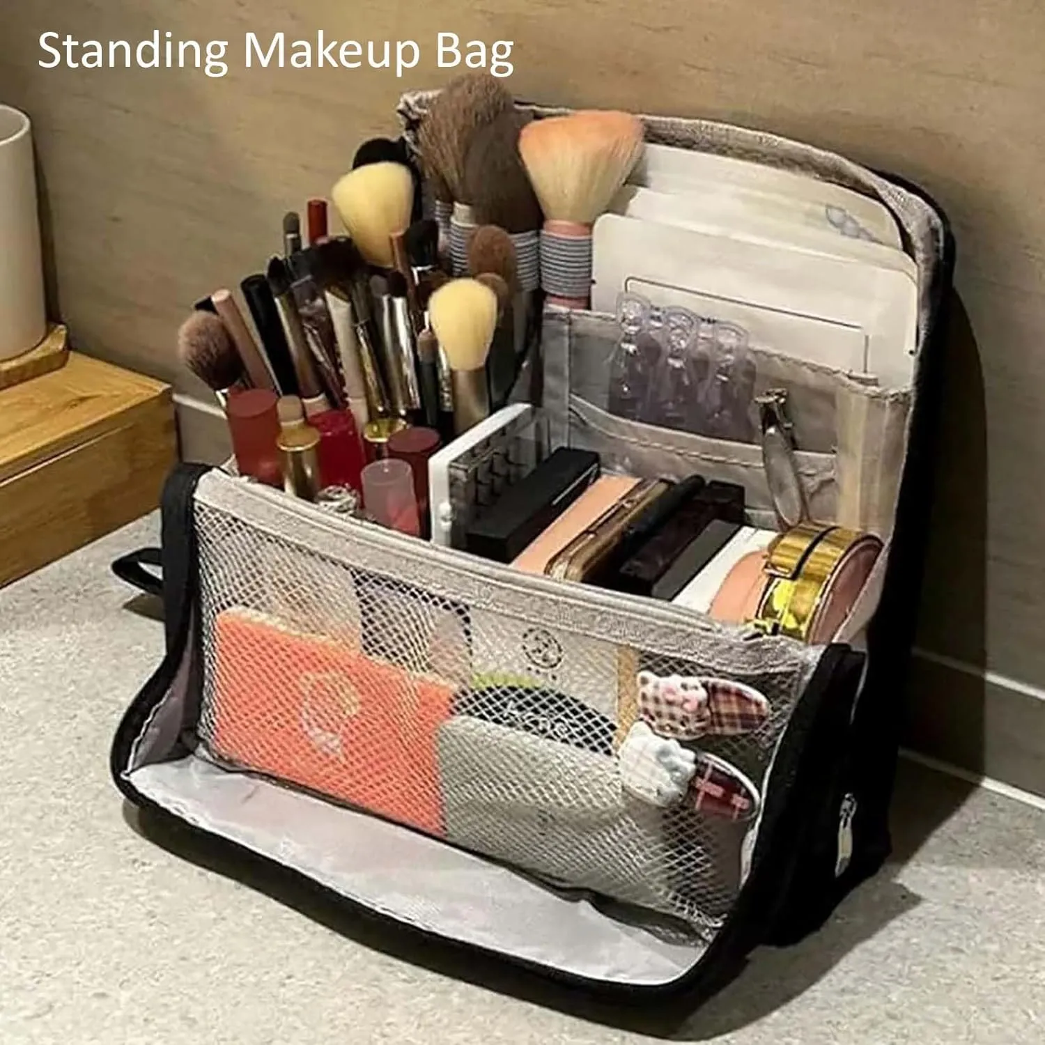 Doresty Makeup Bag, Standing Makeup Bag Portable, Multi-purpose Large Capacity Oxford Cloth Standing Make Up Bag, Waterproof Cosmetic Toiletry Bag with 8 Compartments (Black)