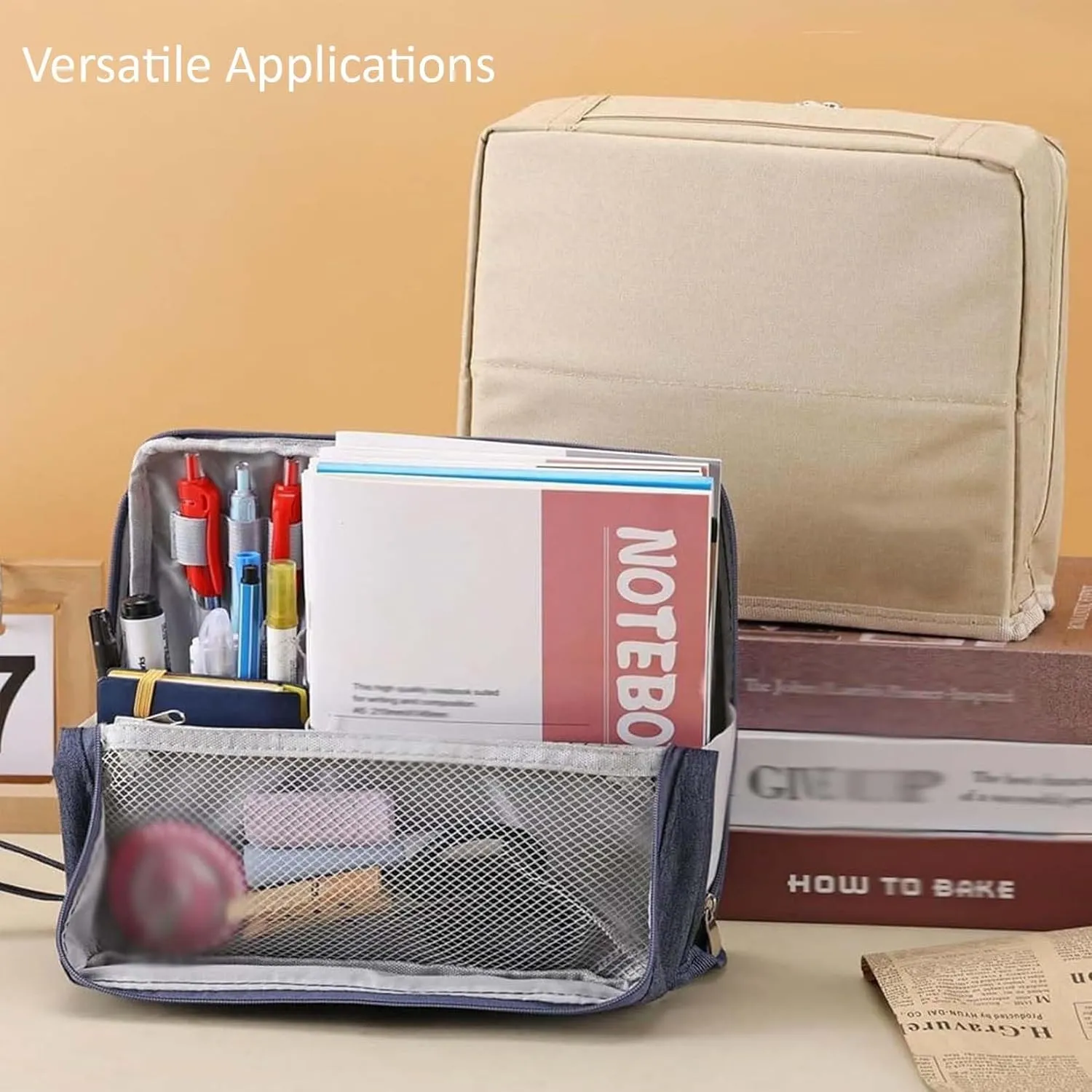 Doresty Makeup Bag, Standing Makeup Bag Portable, Multi-purpose Large Capacity Oxford Cloth Standing Make Up Bag, Waterproof Cosmetic Toiletry Bag with 8 Compartments (Navy Blue)