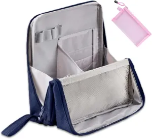 Doresty Makeup Bag, Standing Makeup Bag Portable, Multi-purpose Large Capacity Oxford Cloth Standing Make Up Bag, Waterproof Cosmetic Toiletry Bag with 8 Compartments (Navy Blue)