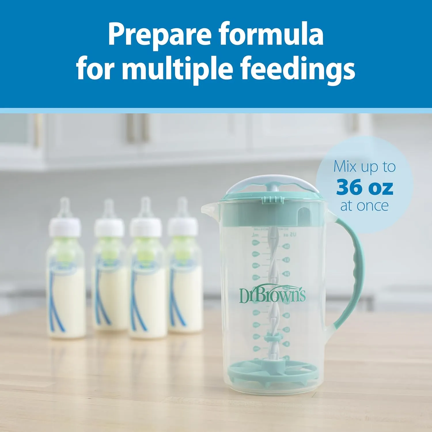 Dr. Brown's Baby Formula Mixing Pitcher with Adjustable Stopper, Locking Lid & No Drip Spout, Black, BPA Free, 36oz, 1 Pack