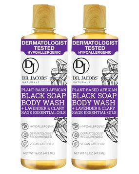 Dr Jacobs Naturals Authentic African Black Liquid Soap with Lavender & Sage Scent | All-In-One Face Wash, Sensitive Skin Body Wash, Shampoo, Shaving Soap | Moisturizing and Nourishing Formula 16oz 2pk