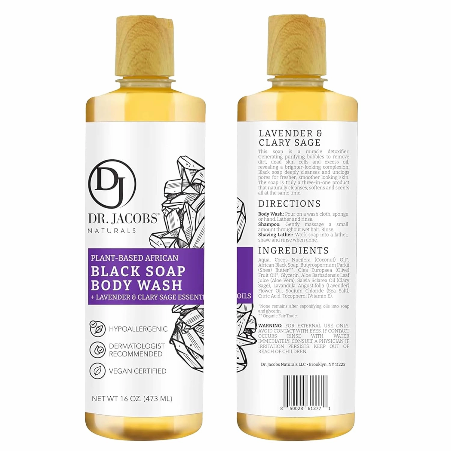 Dr Jacobs Naturals Authentic African Black Liquid Soap with Lavender & Sage Scent | All-In-One Face Wash, Sensitive Skin Body Wash, Shampoo, Shaving Soap | Moisturizing and Nourishing Formula 16oz 2pk