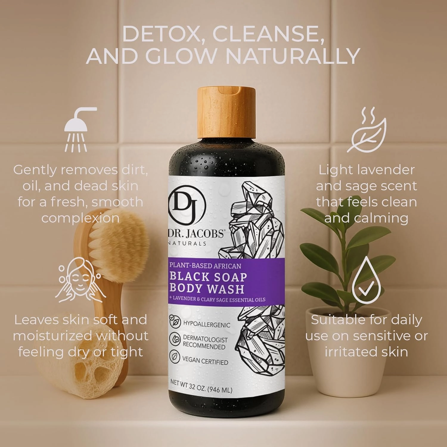 Dr Jacobs Naturals Authentic African Black Liquid Soap with Lavender & Sage Scent | All-In-One Face Wash, Sensitive Skin Body Wash, Shampoo, Shaving Soap | Moisturizing and Nourishing Formula 16oz 2pk