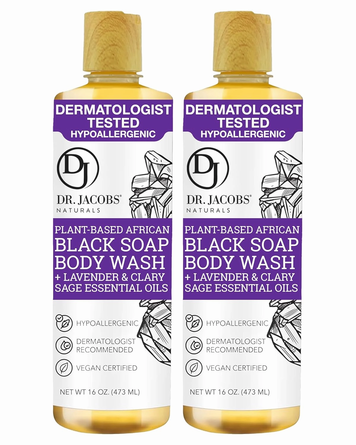 Dr Jacobs Naturals Authentic African Black Liquid Soap with Lavender & Sage Scent | All-In-One Face Wash, Sensitive Skin Body Wash, Shampoo, Shaving Soap | Moisturizing and Nourishing Formula 16oz 2pk