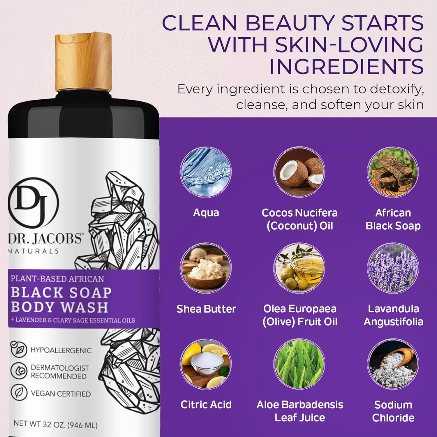 Dr Jacobs Naturals Authentic African Black Liquid Soap with Lavender & Sage Scent | All-In-One Face Wash, Sensitive Skin Body Wash, Shampoo, Shaving Soap | Moisturizing and Nourishing Formula 16oz 2pk