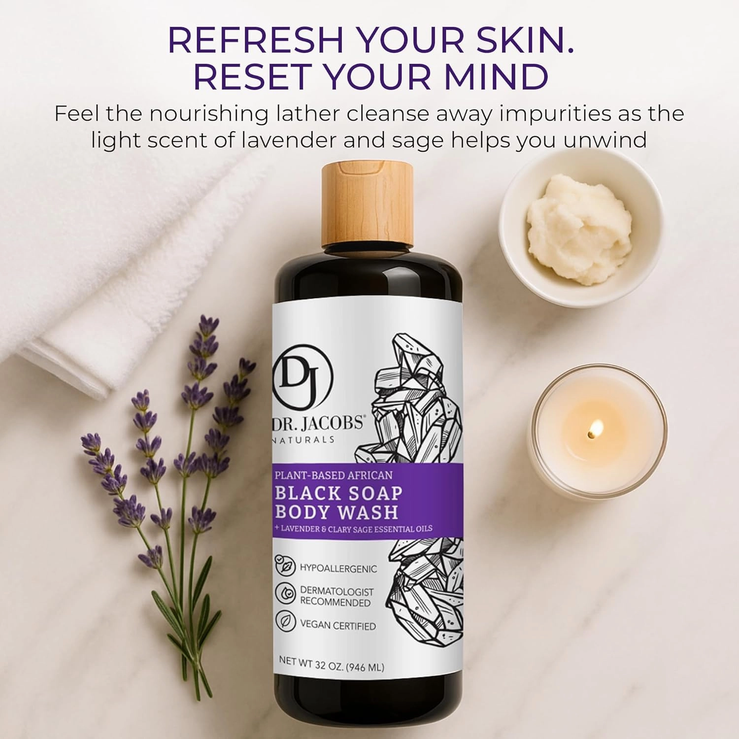 Dr Jacobs Naturals Authentic African Black Liquid Soap with Lavender & Sage Scent | All-In-One Face Wash, Sensitive Skin Body Wash, Shampoo, Shaving Soap | Moisturizing and Nourishing Formula 16oz 2pk