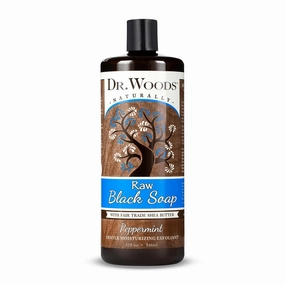 Dr. Woods Raw African Liquid Peppermint Black Soap - Body Wash for Men and Women, Contains Peppermint Oil and Organic Shea Butter, Gentle Exfoliant, Natural Cleanser for Face, Hands, Body - 32 Fl Oz