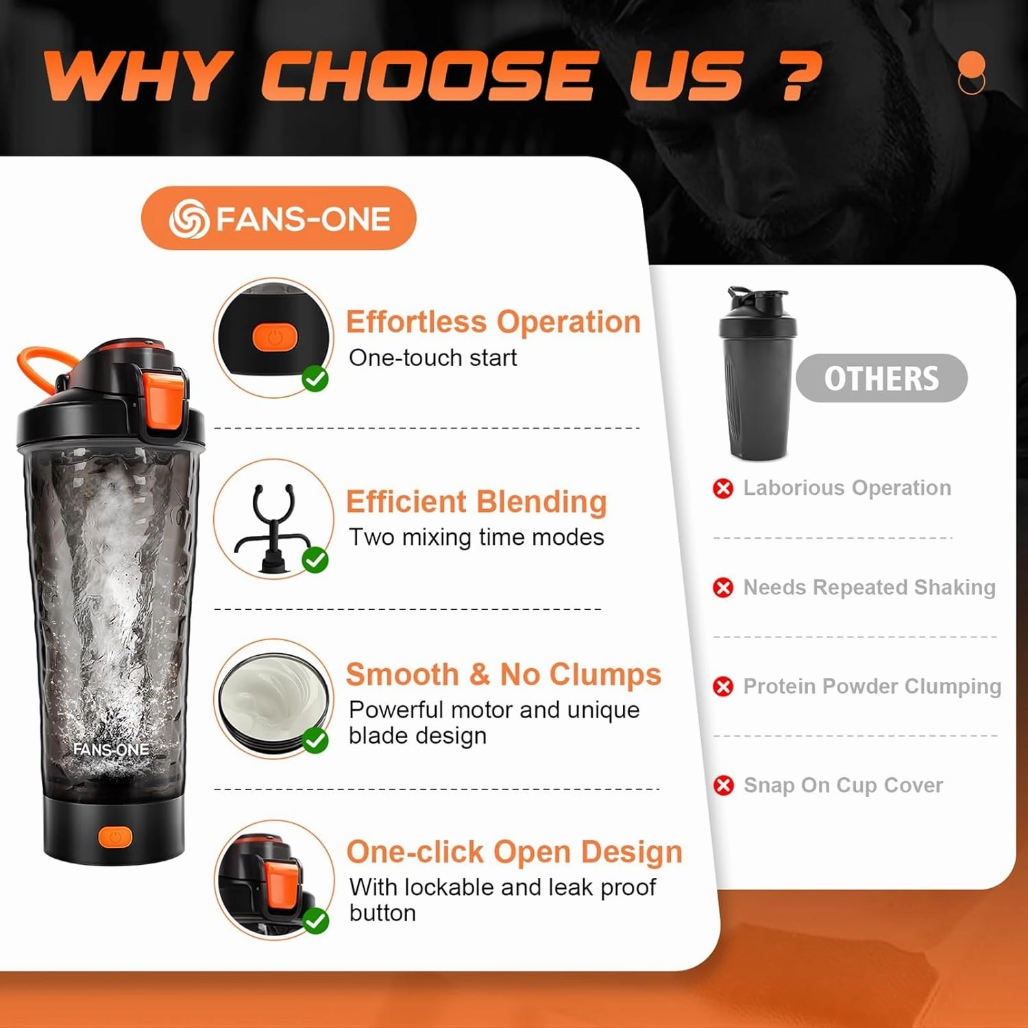 Electric Protein Shaker Bottle, 24oz Lockable Blender Cup Electric Shaker Bottles, Tritan USB Rechargeable Mixer, Portable Shaker Cups for Protein Shakes for Men Women, Black and Orange