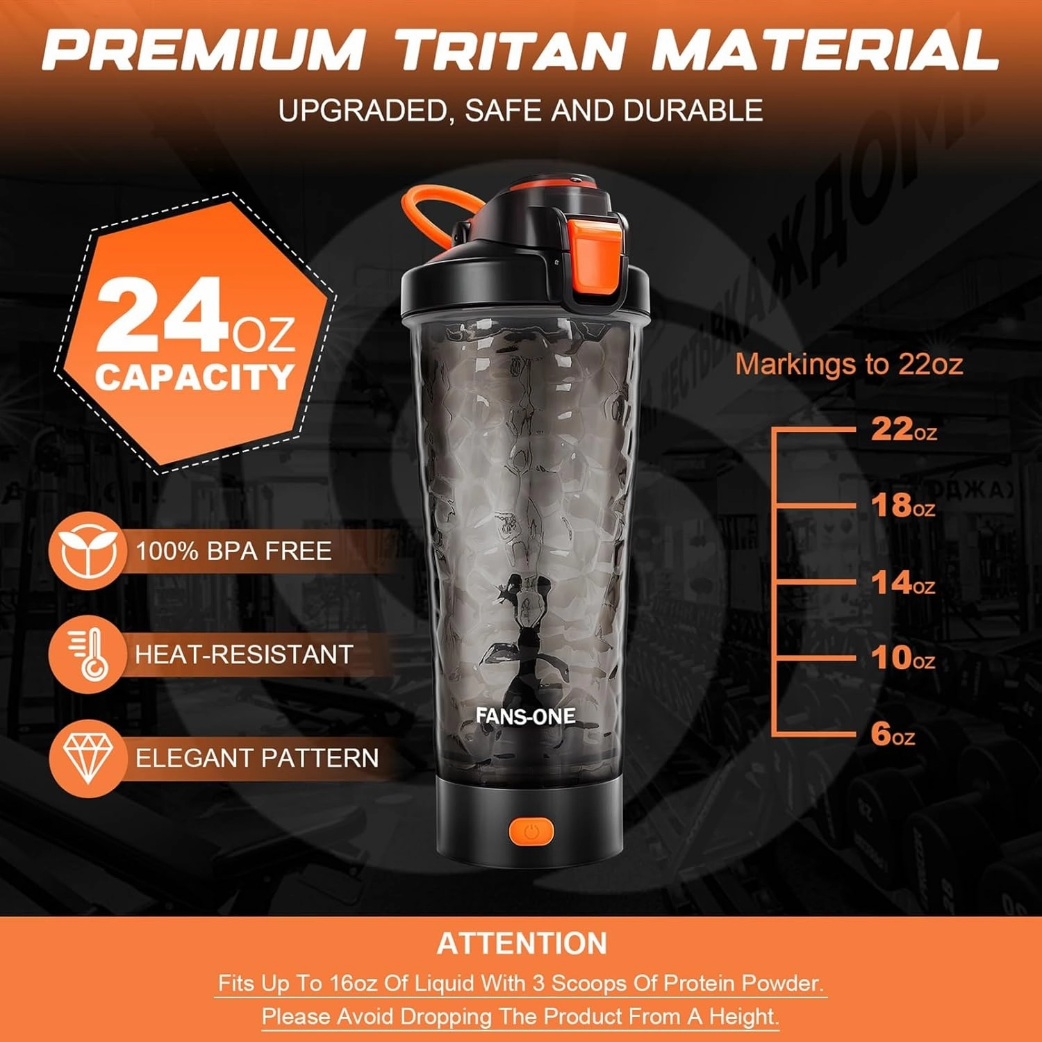 Electric Protein Shaker Bottle, 24oz Lockable Blender Cup Electric Shaker Bottles, Tritan USB Rechargeable Mixer, Portable Shaker Cups for Protein Shakes for Men Women, Black and Orange