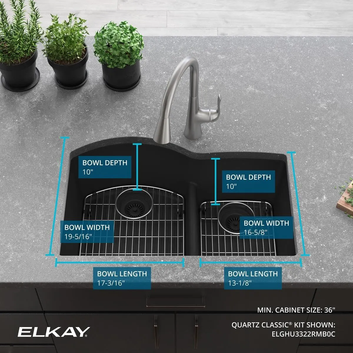 Elkay ELGHU3322RMB0C Quartz Classic 33" x 22" x 10", Offset 60/40 Double Bowl Undermount Sink Kit with Aqua Divide, Matte Black